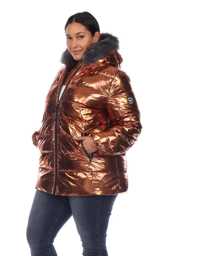 Front of a model wearing a size 3X Metallic Puffer Coat with Hoodie in Bronze by White Mark. | dia_product_style_image_id:246544